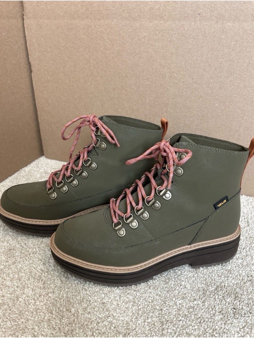 Teva Olive Lace-Up Platform Hiking Boot with Pink Laces